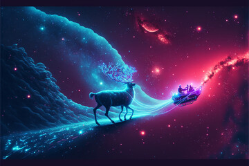 Obraz na płótnie Canvas ネオンに光るクリスマスのサンタクロースとトナカイのイラスト Generative AI