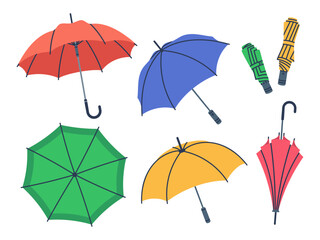 Cartoon umbrellas. Hand drawn open, close and folded umbrella, rainy seasonal parasols flat vector illustration set on white background © GreenSkyStudio