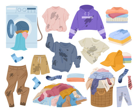 Cartoon dirty clothes. Wrinkled stained clothes, laundry basket and stack of clean clothing flat vector illustration collection. Laundry apparel set
