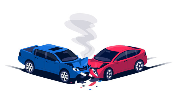 Two damaged car collision. Traffic accident on road, crossroad, street. Vehicle front part bumper crash. Insurance impact incident. Fast driving crashing, head-on hit. Isolated vector illustration. 