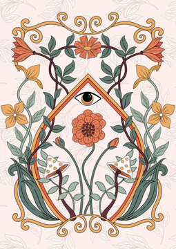 Retro 70's Art Nouveau Style Illustration Print With Flowers, Mushroom, Leaves And Eye. Trendy Botanical Composition For Poster, Wall Art, Invites, Tshirt Graphic Etc.