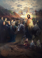Jesus entering Jerusalem on a donkey