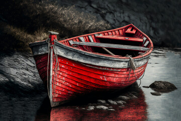 Rustic old red rowing boat moored at rocky seashore. Created with generative ai.