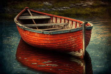 Rustic old red rowing boat moored at rocky seashore. Created with generative ai. - obrazy, fototapety, plakaty