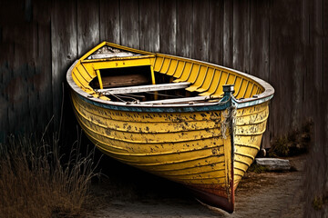 Obraz premium Rustic old yellow rowing boat pulled up on land by an old shed. Created with generative ai.