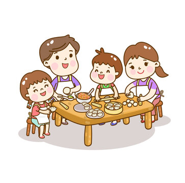 Cartoon family making Chinese dumpling.