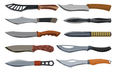 Military hunting knives. Combat weapon blades, vector model types. Trapper sword and hunter knife blades. Protection concept. Warrior blades or jackknife on white background