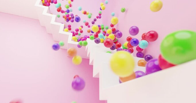 Countless colorful balls falling down stairs party and candy concept 3d render