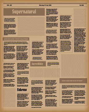 Vintage newspaper. News articles, newsprint magazine old design. Brochure newspaper pages with headlines. Paper retro journal vector grunge template. Old newspaper with columns of text