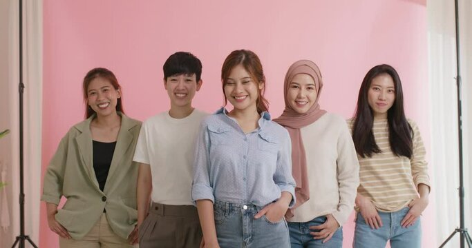 Group Of Young People Gen Z Talent Workforce Relax Smile Look At Camera Standing Studio Shot Shooting. Power Of Diverse Asia Girl Woman, Youth LGBT Pride Gay Lesbian, Female Lady Unity In Women's Day.