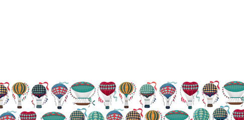 Vintage hot air balloon banner. Different balloon aerostat border. Color air balloons background. Large bag filled with hot gas and basket.Flying transport. Hand drawn vintage style flight airship.