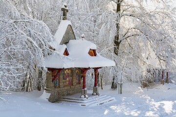  Jurkovic Way of the Cross, completed in 1933. 10th stop. Trees with frost. Hostyn. Eastern Moravia. Czechia.