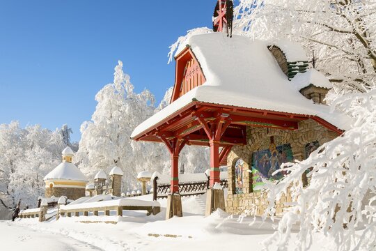 Jurkovic Way of the Cross, completed in 1933. 13th stop. Trees with frost. Hostyn. Eastern Moravia. Czechia. 