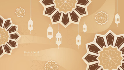 Ramadan Kareem vector banner background with beige pastel metal lantern and mandala pattern. Islamic style ramadan beige design background. Vector illustration