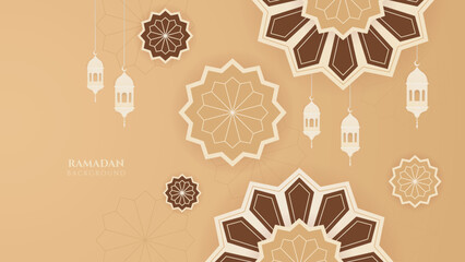 Ramadan Kareem vector banner background with beige pastel metal lantern and mandala pattern. Islamic style ramadan beige design background. Vector illustration