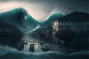 大津波が迫り来る町のイラスト、Generative AI