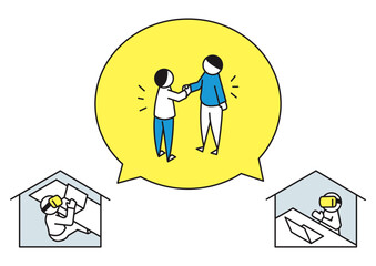 Two people shaking hands while wearing VR goggles while being far away