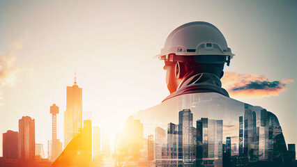 Businessman CEO with double exposure in graphic design. Building engineers, architects people or construction worker working with modern civil equipment technology.