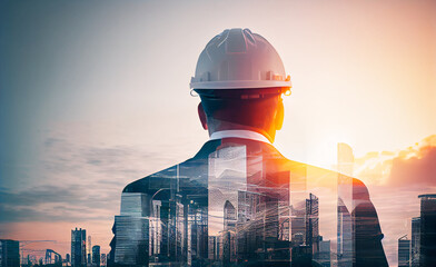 Fototapeta na wymiar Businessman CEO with double exposure in graphic design. Building engineers, architects people or construction worker working with modern civil equipment technology.