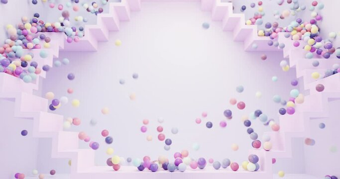 Countless colorful balls falling down stairs party and candy concept 3d render