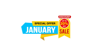 20 Percent JANUARY discount offer, clearance, promotion banner layout with sticker style. 