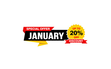 20 Percent JANUARY discount offer, clearance, promotion banner layout with sticker style. 