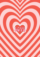 Retro groovy poster with lovely hearts. Happy Valentines day greeting card, print. Funky abstract background in trendy retro 60s 70s cartoon style.