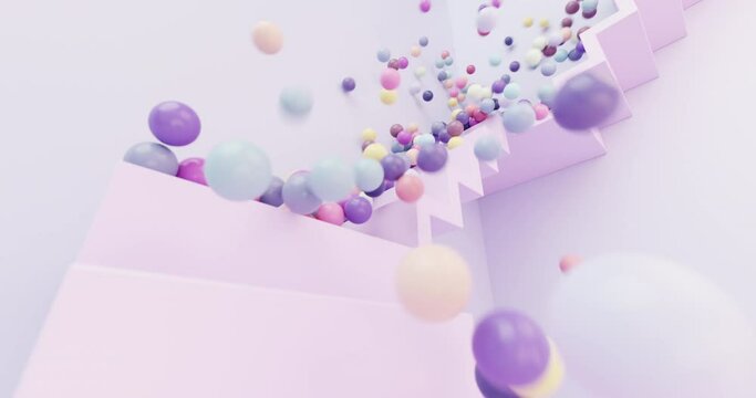 Countless colorful balls falling down stairs party and candy concept 3d render