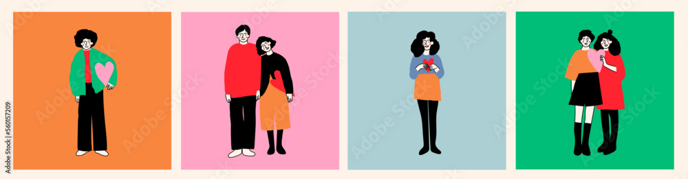 Wall mural Set of diverse people standing and holding hearts. Single man and woman, couples in love. Romance, relationship, Valentine's Day concept. Cartoon quirky comic style. Hand drawn Vector illustration