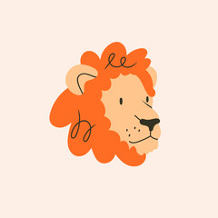 Portrait of a lion. Lion's Head with orange mane. Colorful isolated icon. Cartoon style. Logo, print, avatar template. Leo constellation zodiac sign. Hand drawn Vector illustration