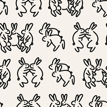 Various doodle Bunnies. Dancing, standing, fighting, running rabbits. Hand drawn Vector illustration. Cute simple cartoon creatures. Square seamless Pattern. Background, wallpaper