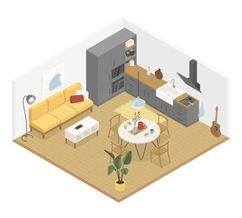 Living room kitchen - modern vector colorful isometric illustration