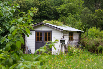 Old garden cabin with green forest on the background in Pyrenees mountains, France