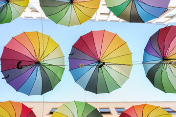 Low Angle View Of Colorful Umbrellas Hanging Outdoors