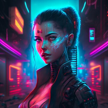 Female Character Living Cyberpunk in 3D Neon Nightlife, Future Technological Person, Generative AI Illustrator