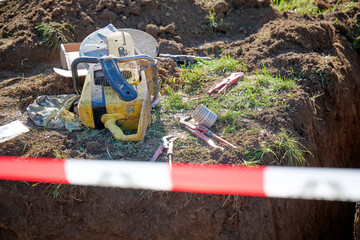Construction site with plumbing equipment in the ground.
Plumber work repair water line connect.