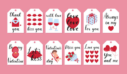 Set of Valentines Day gift tag templates with lettering and design elements. Romantic label, cards or posters. Vector flat illustration