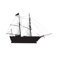 vector silhouette of an old sailing ship on an isolated white background