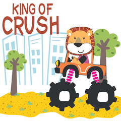 Vector illustration of monster truck with little lion driver. Can be used for t-shirt print, kids wear fashion design, invitation card. fabric, textile, nursery wallpaper and other decoration.