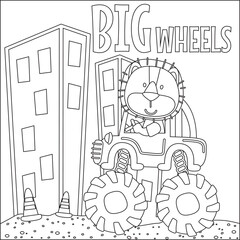 Vector illustration of monster truck with cute lion driver. Cartoon isolated vector illustration, Creative vector Childish design for kids activity colouring book or page.