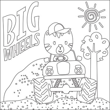 Vector illustration of monster truck with cute tiger driver. Cartoon isolated vector illustration, Creative vector Childish design for kids activity colouring book or page.