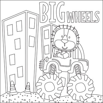 Vector illustration of monster truck with cute lion driver. Cartoon isolated vector illustration, Creative vector Childish design for kids activity colouring book or page.