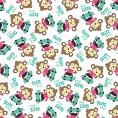 Seamless pattern with cute little monkey on skate board, For fabric textile, nursery, baby clothes, background, textile, wrapping paper and other decoration.
