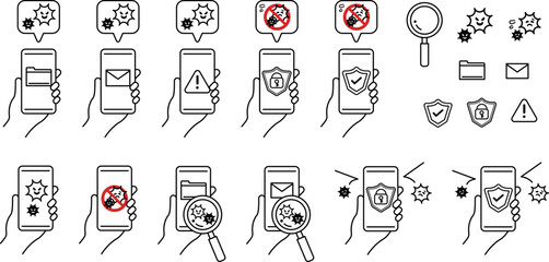 Virus infection of smartphone. Security warning. Virus and hacking measures. Internet trouble. Protection of personal data. Safe security measures.