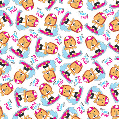 Seamless pattern of cute little lion with a surfboard, Can be used for t-shirt print, Creative vector childish background for fabric textile, nursery wallpaper and other decoration.