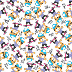 Seamless pattern with cute little tiger on skate board, For fabric textile, nursery, baby clothes, background, textile, wrapping paper and other decoration.
