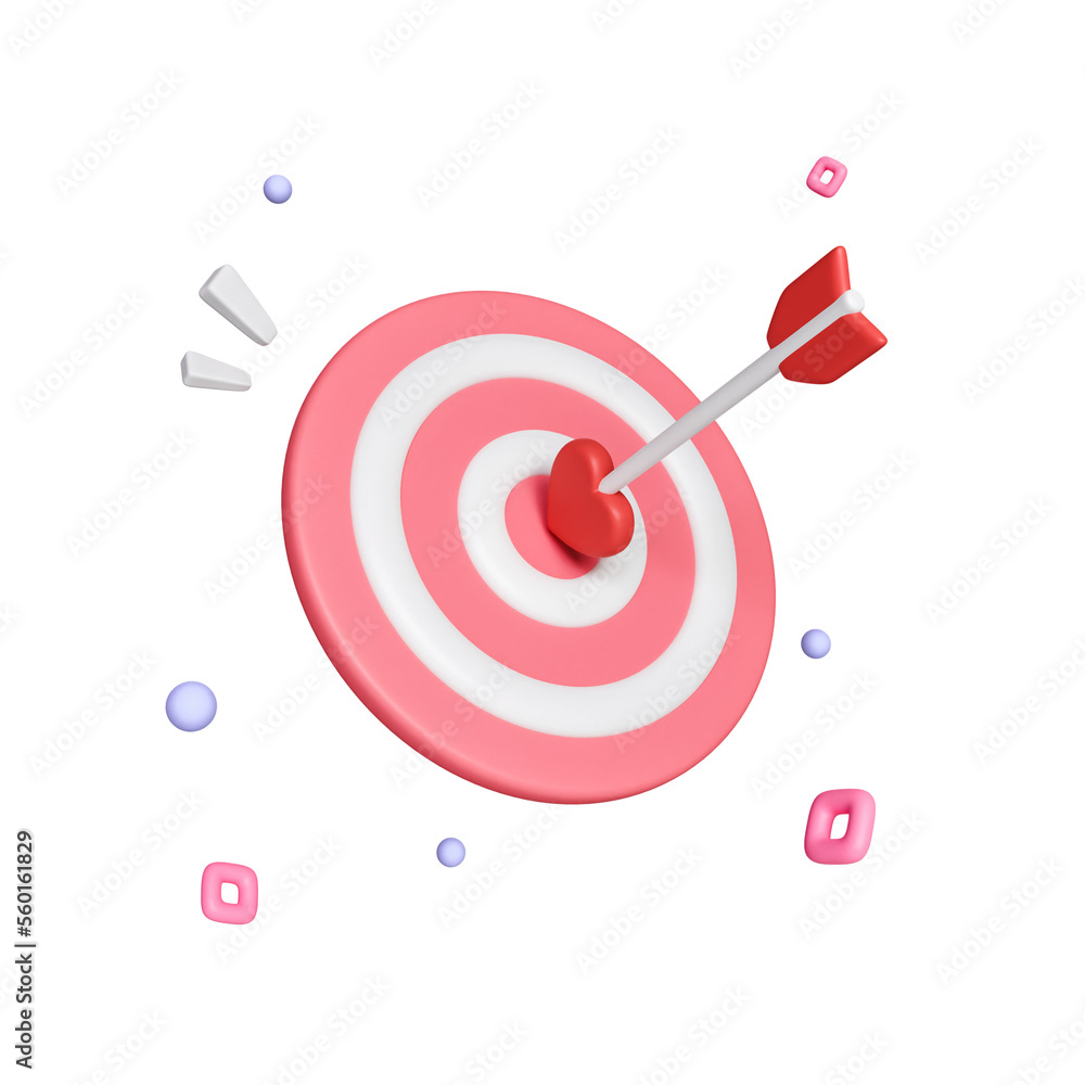 Poster pink dart hit to center of dartboard, heart shaped target and arrow icon isolated on pink background
