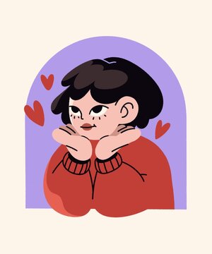 simple modern doodle illustration of a smiling cute girl in a red sweater, valentine's day celebration, falling in love, red heart card decoration