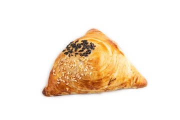 Homemade asian pastry samosa isolated on white. side view.