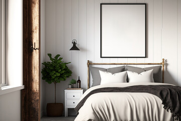 Mockup frame in a farmhouse style bedroom setting. Generative AI - obrazy, fototapety, plakaty